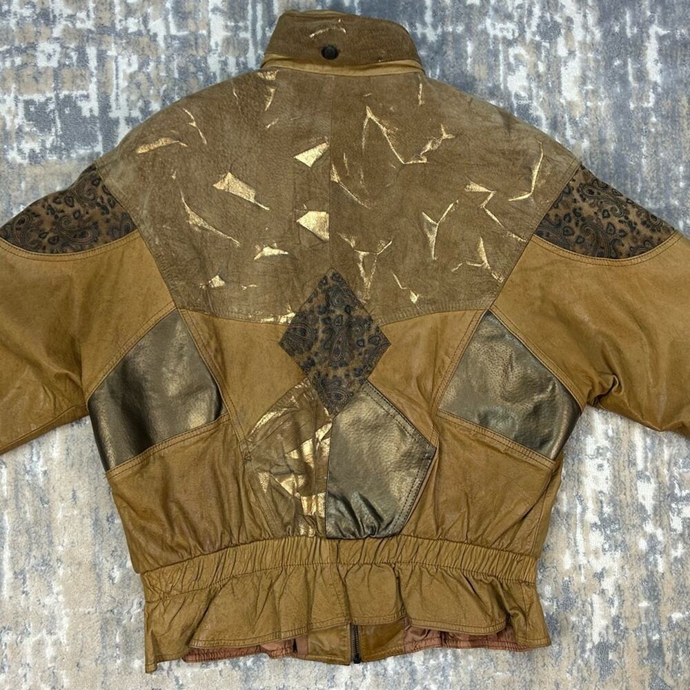 Vintage 80’s John Weitz Brown Cooper Gold Black Leather Bomber Jacket Large - Picture 4 of 13